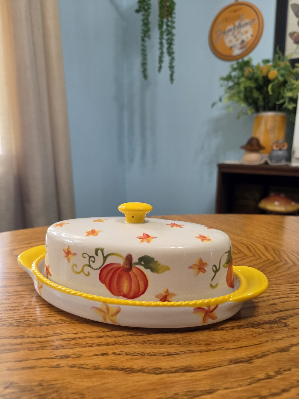 Temptations Pumpkin Patch Covered Butter Dish Lid Hand Painted Stoneware